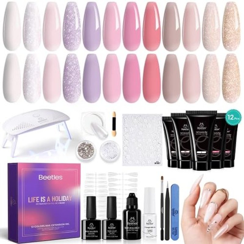 Beetles Poly Extension Gel Nail Kit, 12 Colors Milky White Gold Glitter Nude Pink Purple Extension Gel Nail Kit for Beginners, Chrome Nail Powder All in One Starter Wedding Nail Art Design