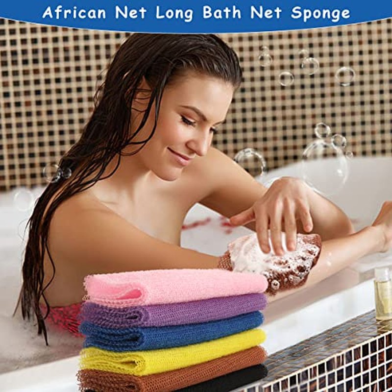 African Net Sponge, 2 Pieces Exfoliating Premium Nylon Bathing/Wash Net for Daily Back Body Scrub Scrubber Shower Net (Black, Blue) …