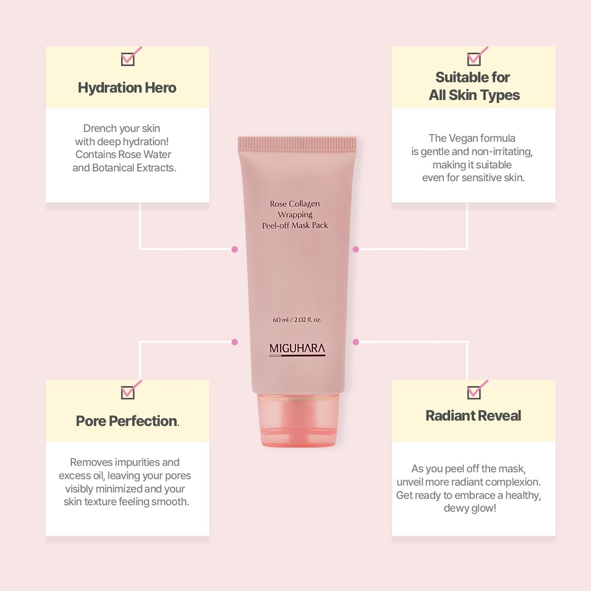 MIGUHARA Collagen Rose Wrapping Peel Off Mask | Pore Minimizer & Glass Skin Glow | Vegan Korean Face Mask with French Rosa Centifolia Flower Extract, Firming & Dullness Care, 2.02 fl.oz