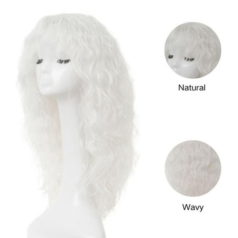Salaibs White Curly Long Wig for Women with Bangs Fluffy Synthetic Natural Wavy Halloween Cosplay Hair Wigs