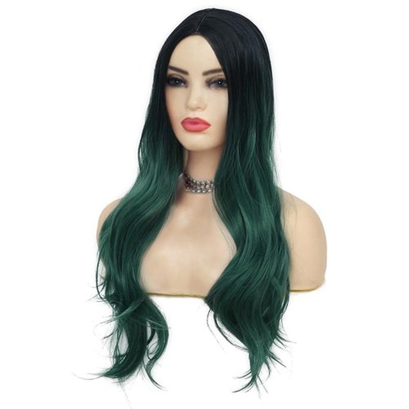 Swiking Long Green Wigs for Women Curly Wave Natural Ombre Green Synthetic Fibre Soft Hair Wigs for Party Cosplay Halloween (Ombre Green)