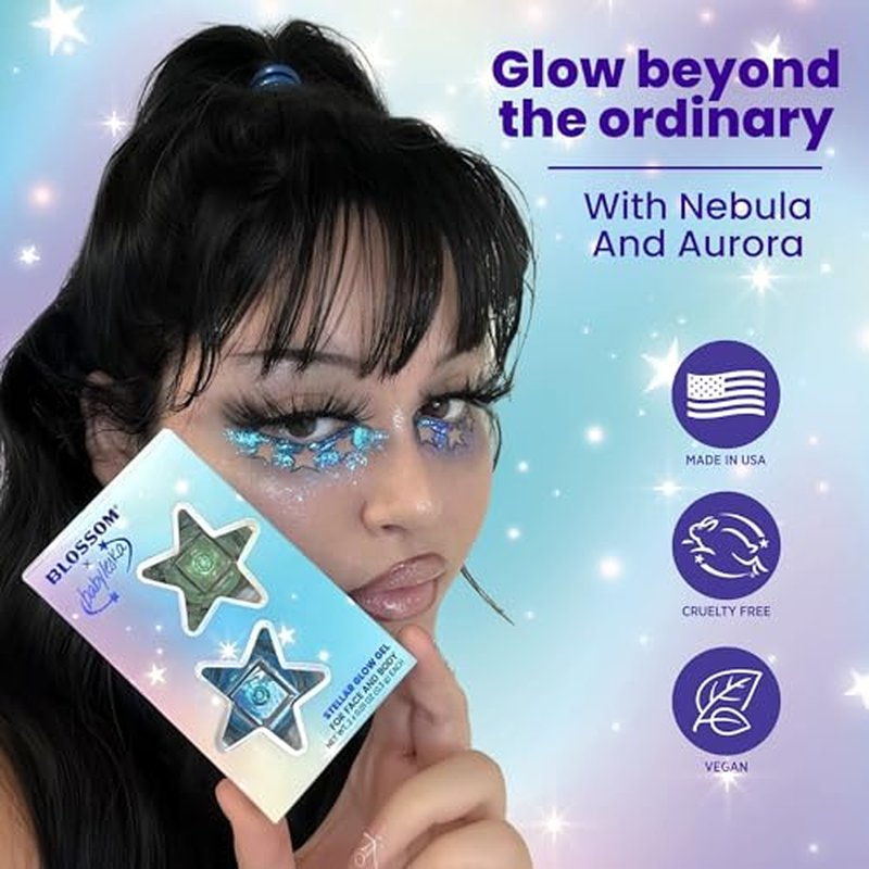 Blossom x babyleska Stellar Glow Gel Chrome Flake Eyeshadow Flake Multichrome Color Gradient Shiny Eye Shadow Topper Multi-Tone High Shine Finish Metallic Glitter Shimmer, 2pk, Aurora/Nebula