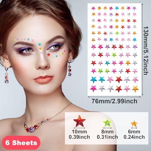 OIIKI 6 Sheets Colorful Star Face Gems Stickers, Eye Rhinestones Makeup Stickers, Women Makeup Jewels, Rave Accessories for Parties, Festival, Daily Use (1sheet/88pcs)