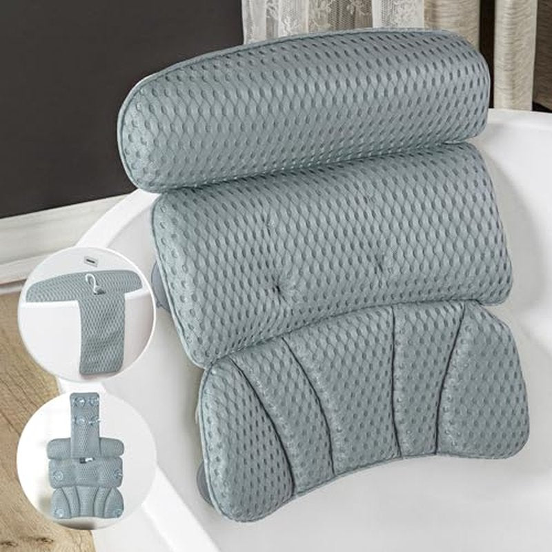 Bath Pillow Bathtub Pillow for Tub Luxury Bath Tub Pillows for Tub Neck and Back Support with Soft Mesh Fabric and 8 Strong Powerfull Non-Slip Suction Cups Relaxing Bath Accessories Spa Gifts, Grey