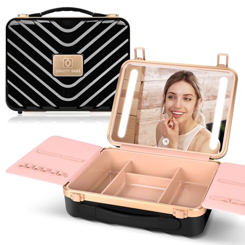 GGV Makeup Case With Lighted Mirror, Makeup Bag With Led Mirror 3 Color Setting Travel Makeup Train Case Adjustable Brightness (Black)
