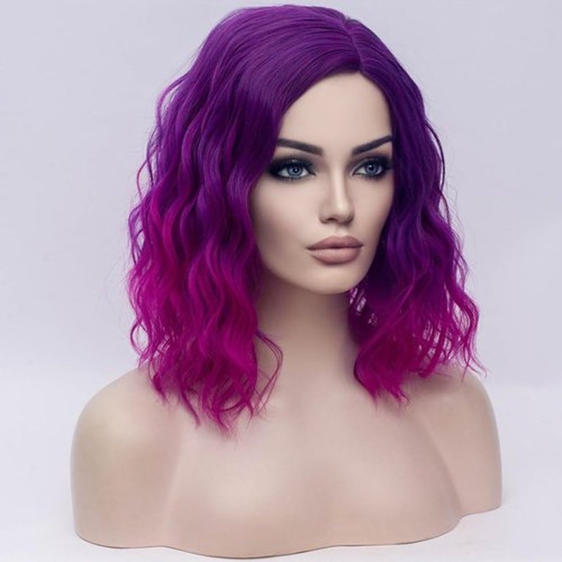 BERON Purple Ombre Wigs for Womens Short Curly Wavy Girls Wig Dark Roots Purple Shoulder Length Hair Wig with Heat Resistant Synthetic Cosplay or Daily Used Wigs