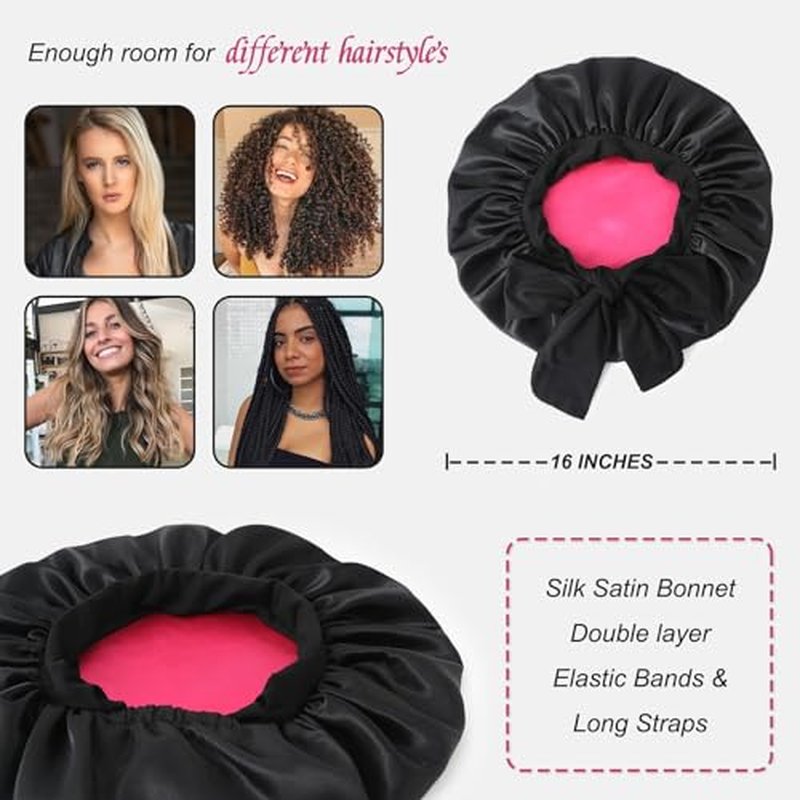 Satin Silk Bonnet Hair Bonnet for Sleeping Jumbo Sleep Cap, Black Bonnet for Women Curly Hair, Double Layer Bonnet with Tie Band
