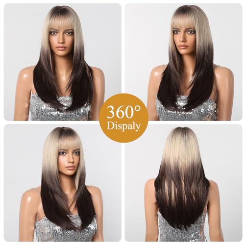 testar Ombre Blonde Black Wigs for Women Long Layered Straight Wigs With Bangs Heat Resistant Fiber Synthetic Wigs for Party/Halloween Use