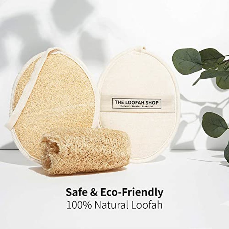 The Loofah Shop Bath Loofah Sponge, Exfoliating Body Scrubber, Shower Luffa for Men, Women and Kids Made of Eco-Friendly Natural Egyptian Loofah with Cotton Travel Pouch, 7" x 5.25" (2pack 4pcs)