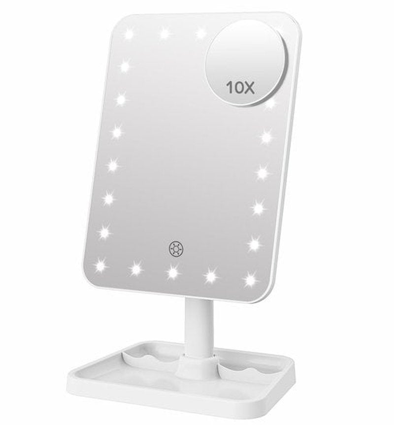 Famihomii Rechargeable Lighted Makeup Mirror for Girls, Makeup Mirror with Lights, Desk Adjustable 360° Rotation Durable Vanity Mirror with Storage, Detachable Design Table Mirror