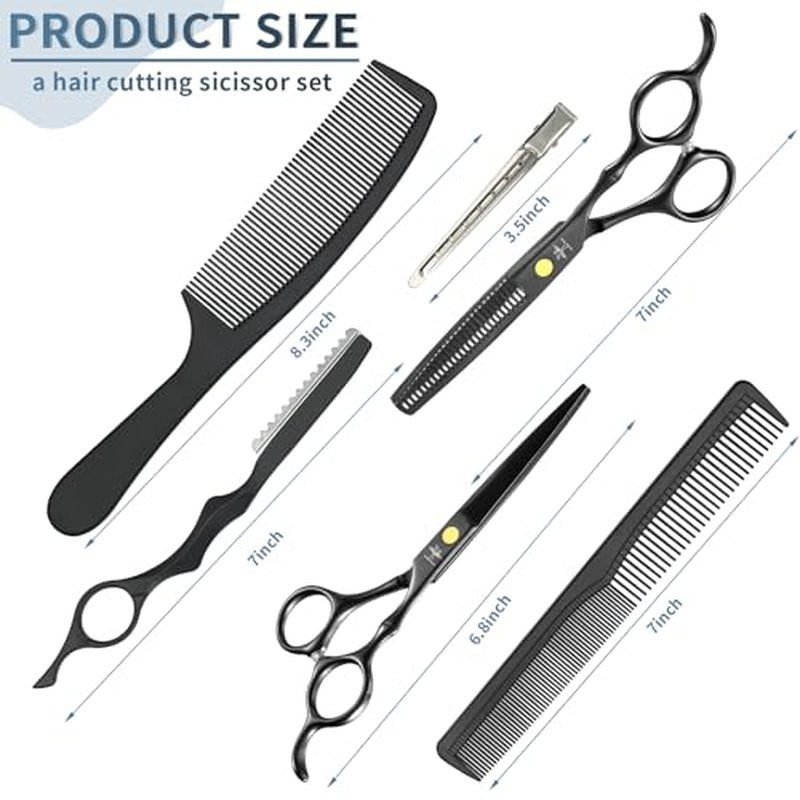 PURPLEBIRD Hair Cutting Scissors Kit, Professional Barber Scissors Hairdressing Shears Set with Stainless Steel Hair Scissors Thinning Scissors for Men Women Pet 10 Pcs Black