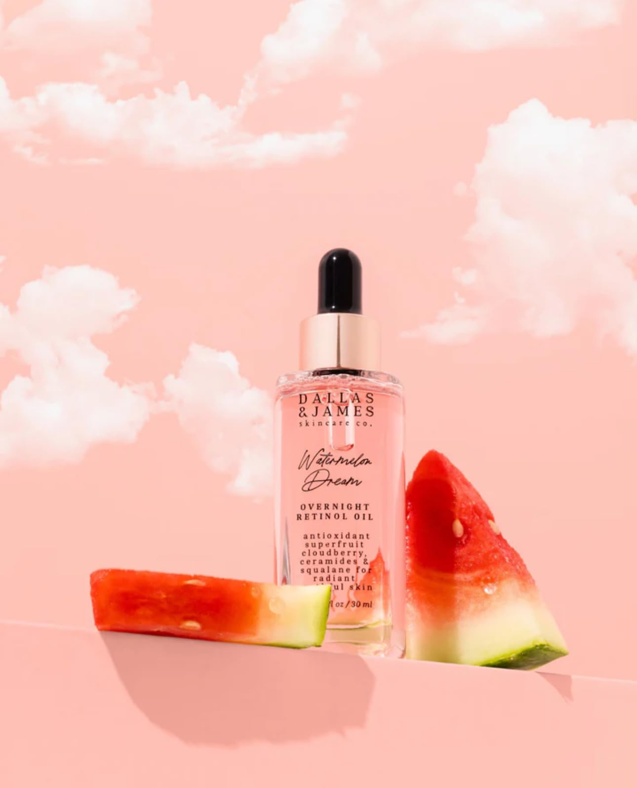 Dallas & James Skincare Co. Watermelon Dream Overnight Retinol Oil - .3% Retinol with Watermelon and Cloudberry, Ceramides + Squalane - Anti-Aging, Skin Smoothing Face Oil