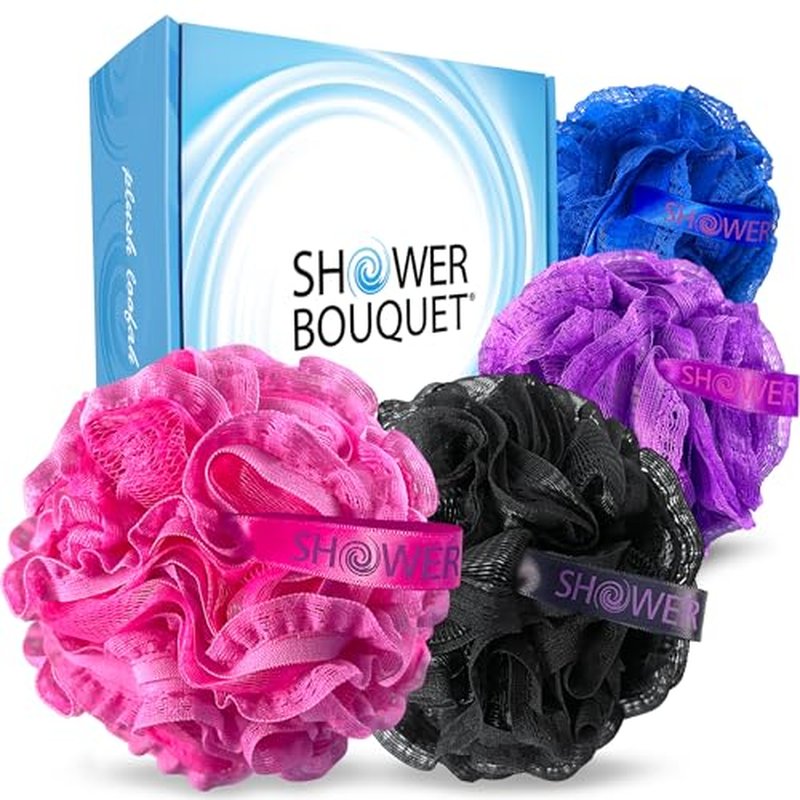 Loofah-Bath-Sponge Hot-Lacey-Mesh >> 4-Sexy-Lace-Colors by Shower Bouquet: 2-Scrubs-in-1 Large Full 60g Pouf Body Luffa Loofa Loufa Puff - Exfoliate, Cleanse Skin with Luxurious Bathing Accessories