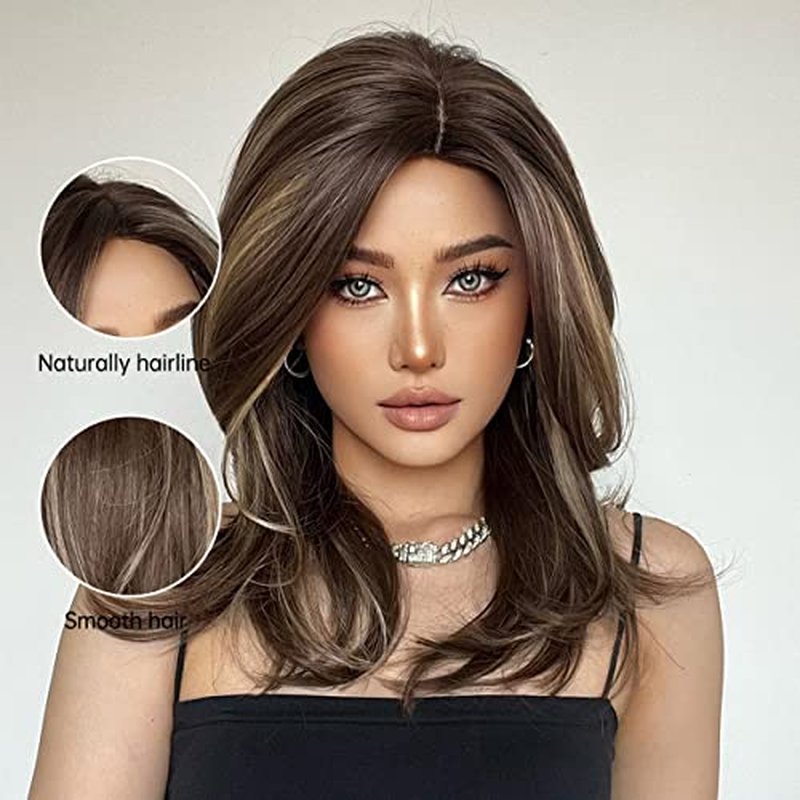 PATTNIUM Brown Blonde Wig for Women Long Wavy Brown Wigs Brown Mixed Blonde Wigs Shoulder Length Layered Wig Heat Resistant Synthetic Wig with Wig Cap(Brown Mixed Blonde)