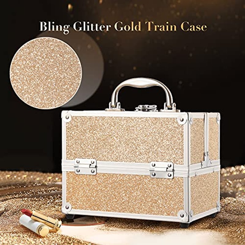 FRENESSA Makeup Train Case Portable Makeup Organizer Box 4 Trays Travel Makeup Storage for Makeup Tools Nail Kits Crafts Travel Makeup Box Gold