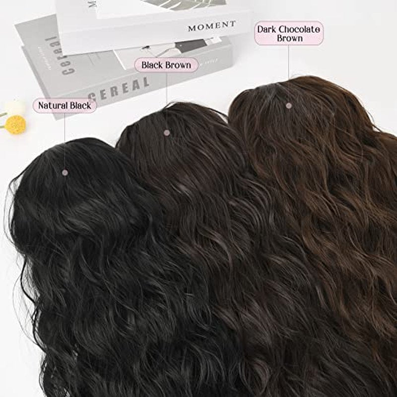 HOOJIH Ponytail Extension, Drawstring Ponytail Hair Extensions 22 Inch Long Curly Wavy Ponytail Natural Wavy Synthetic Hairpiece for Women Daily Use - Black Brown