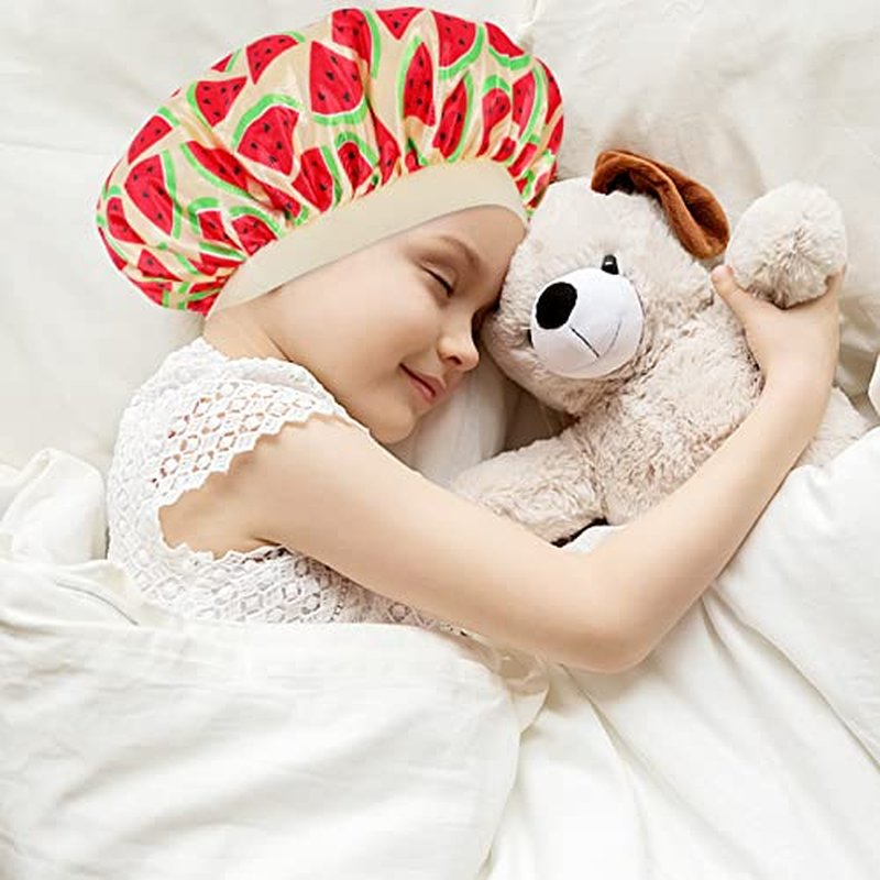 4 PCS Kids Satin Bonnet Child Sleeping Cap,Soft Silk Bonnet Elastic Wide Band,Breathable Baby Bonnets Night Sleep Caps,Colorful Night Hats Satin Cap for Girls Toddler Teens Natural Hair (Cute Pattern)