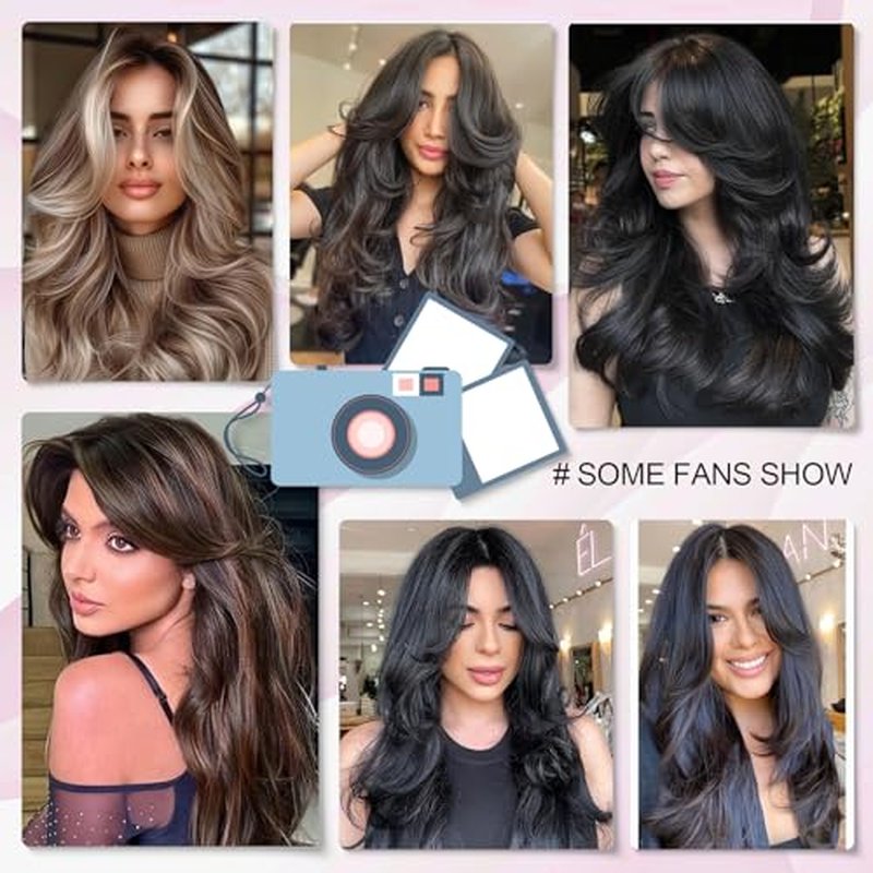Jolelyne Layered Wavy Wigs with Curtain Bangs for Women Snythetic Butterfly Haircut Natural Black Wig with Bangs Hair Wig for Women Layered Straight Heat Resistant Wigs for Daily Party Use (2#)