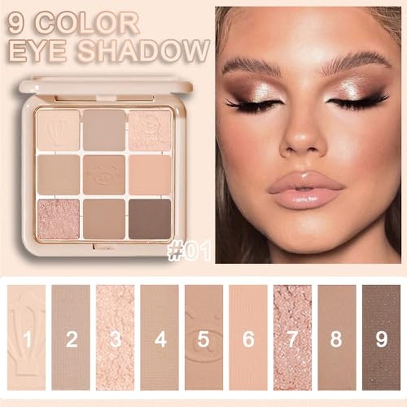 JUAAZIN Nude Eyeshadow Palette Natural Matte Shimmer Glitter 9 Colors, Light Bronw Nude Brown Neutral Warm Eyeshadow Palette, Velvety Matte Finish Long Lasting Waterproof Professional Makeup 01#