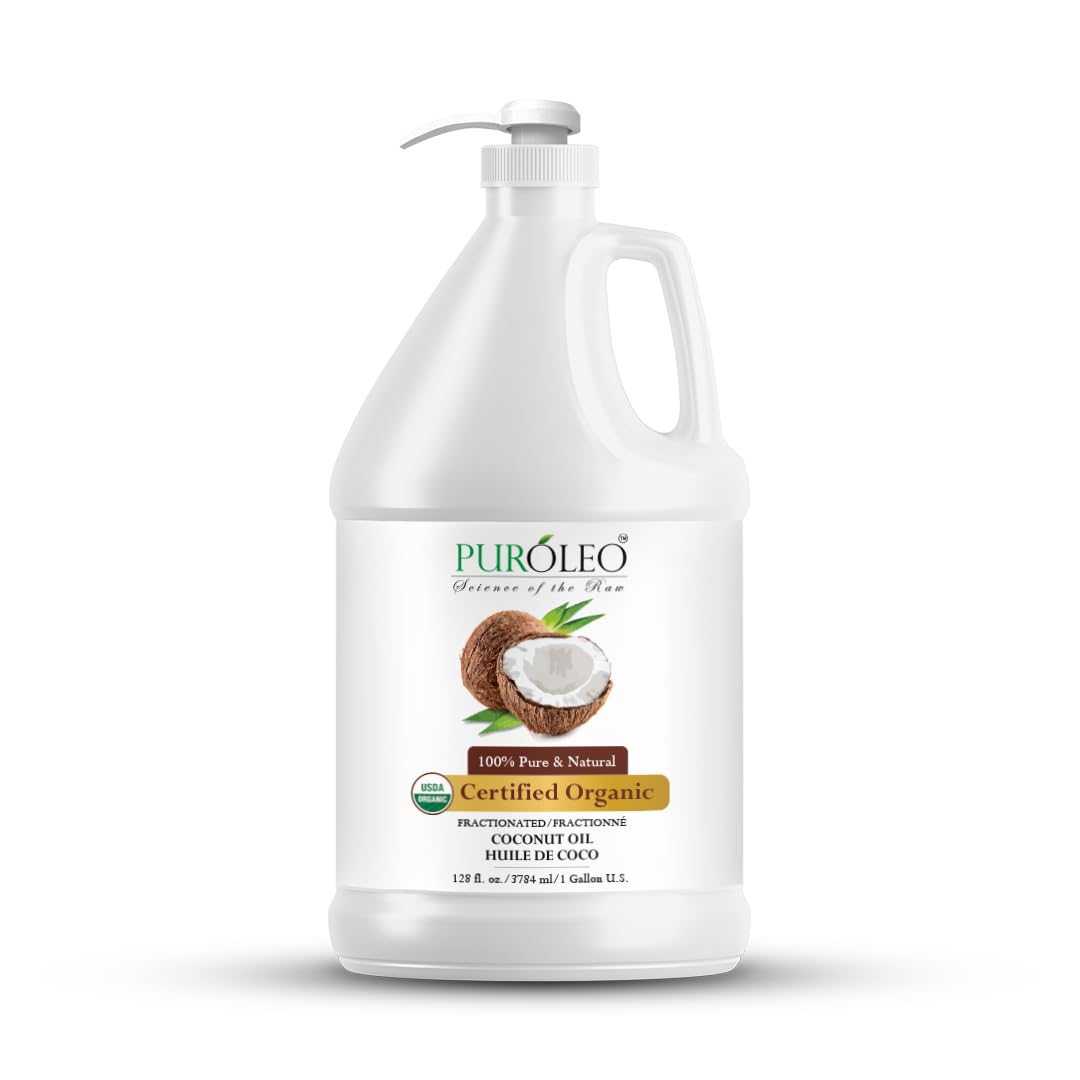 PUROLEO Organic Certified USDA Fractionated Coconut Oil 128 Fl Oz/3785 ML (Packed in Canada) – 100% Natural & Odorless Moisturizer & Carrier Oil for Hair, Skin, Body, Massage, Makeup Removal