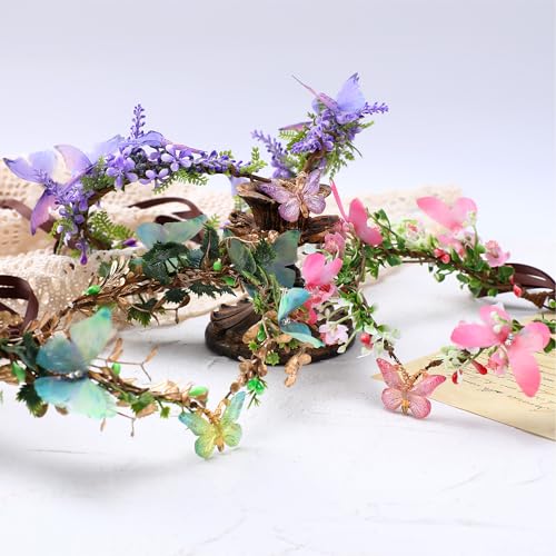 MOSTORY Purple Fairy Butterfly Crown - Handmade Flower Headpiece Floral Elf Tiara Woodland Circlet for Women Girls Spring Wedding Renaissance Party Cosplay