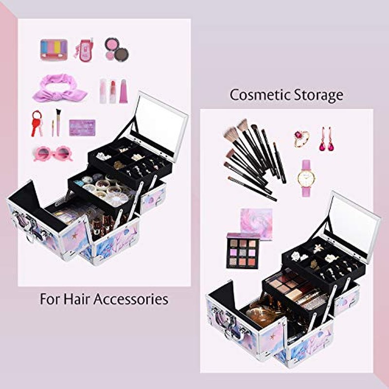 Joligrace Makeup Case for Girls Cosmetic Train Case Makeup Storage Box Jewelry Organizer Hair Accessories Lockable with Trays & Mirror Kids Gift Coloful Pink Unicorn