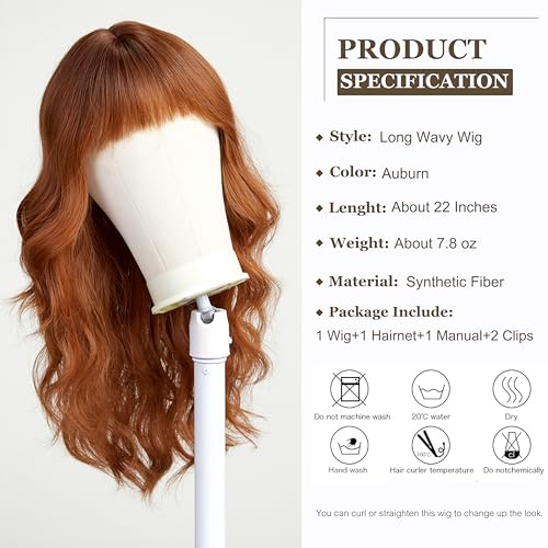 Esmee Long Wavy Wine Auburn Wigs for Women Natural Synthetic Hair Heat Resistant Wigs with Bangs for Daily Party Cosplay Use 22 Inches