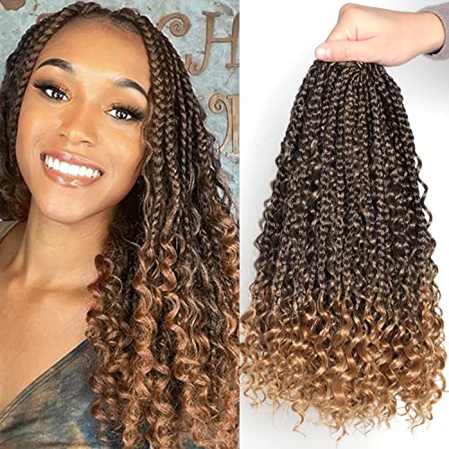 14 Inch Boho Box Braids 7 Packs Goddess Box Braids Crochet Hair Pre Looped Crochet Braids for Black Women Braiding Hair with Curly Ends Ombre Box Braids Hair(14 Inch, 7Packs, 1B/27)