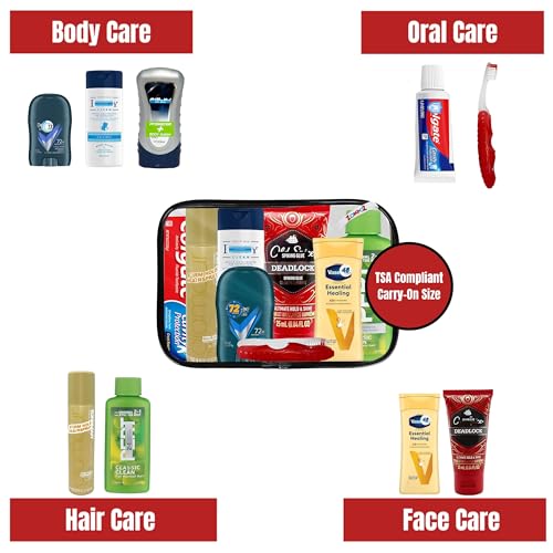 ZompoZ-Travel Toiletries Kit Gift for Men, Travel Bag of Essentials for Bath, Shaving and Personal Care, 8 Mini TSA Approved Items in Reusable Zipper Bag, Mini Toiletries Gift for Him, for On-The-Go