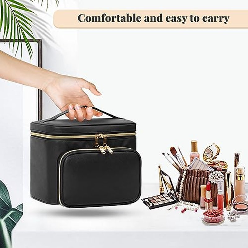 Large Makeup Bag, Portable Travel Makeup Bag for Women Girls with Makeup Brush Compartment, Stylish Makeup Bag Organizer Cosmetic Case With Handle and Divider - Black