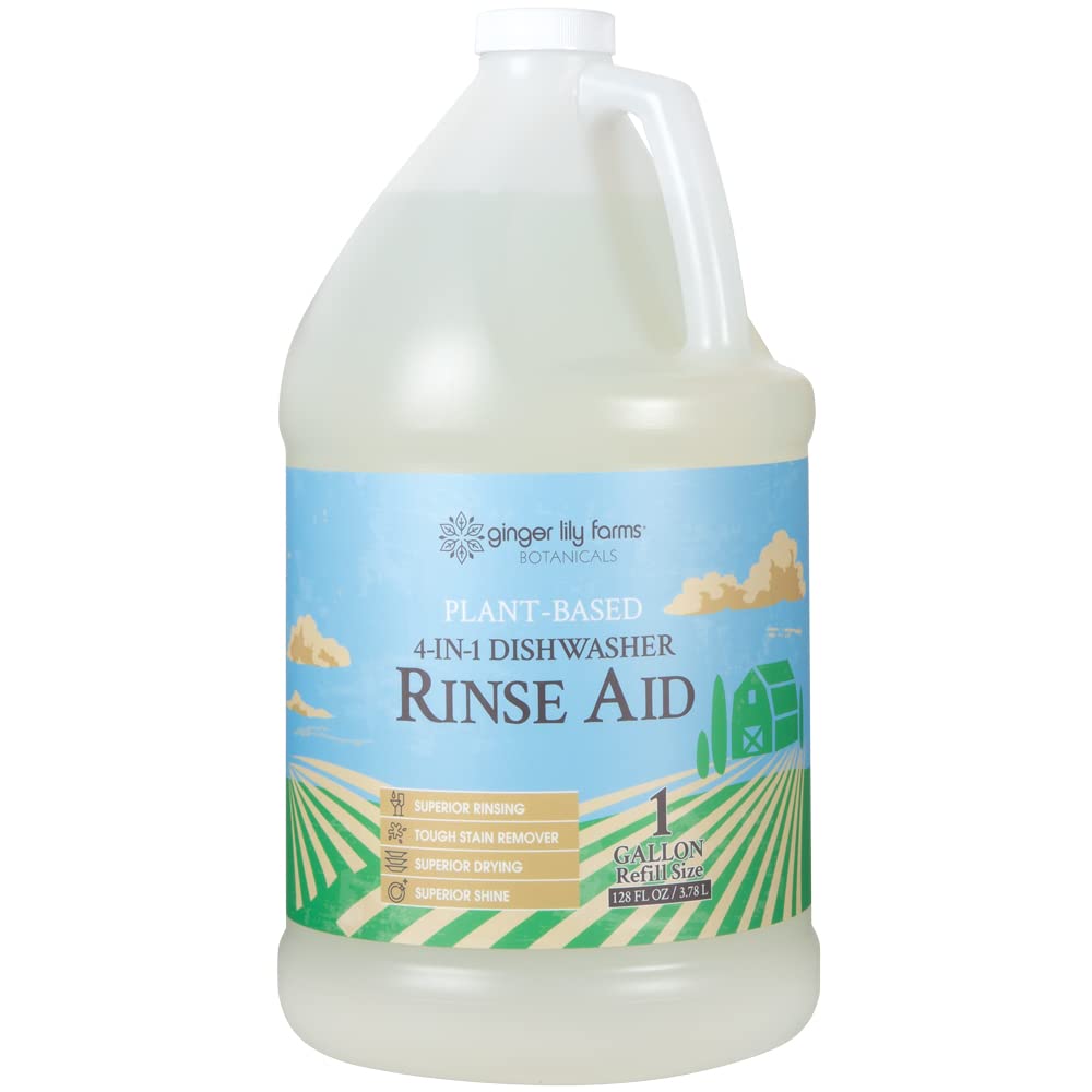 Ginger Lily Farms Botanicals Plant-Based 4-In-1 Dishwasher Rinse Aid, 100% Vegan & Cruelty-Free, Fragrance-Free, 1 Gallon (128 fl oz) Refill, 128.00 Fl Oz (Pack of 1)
