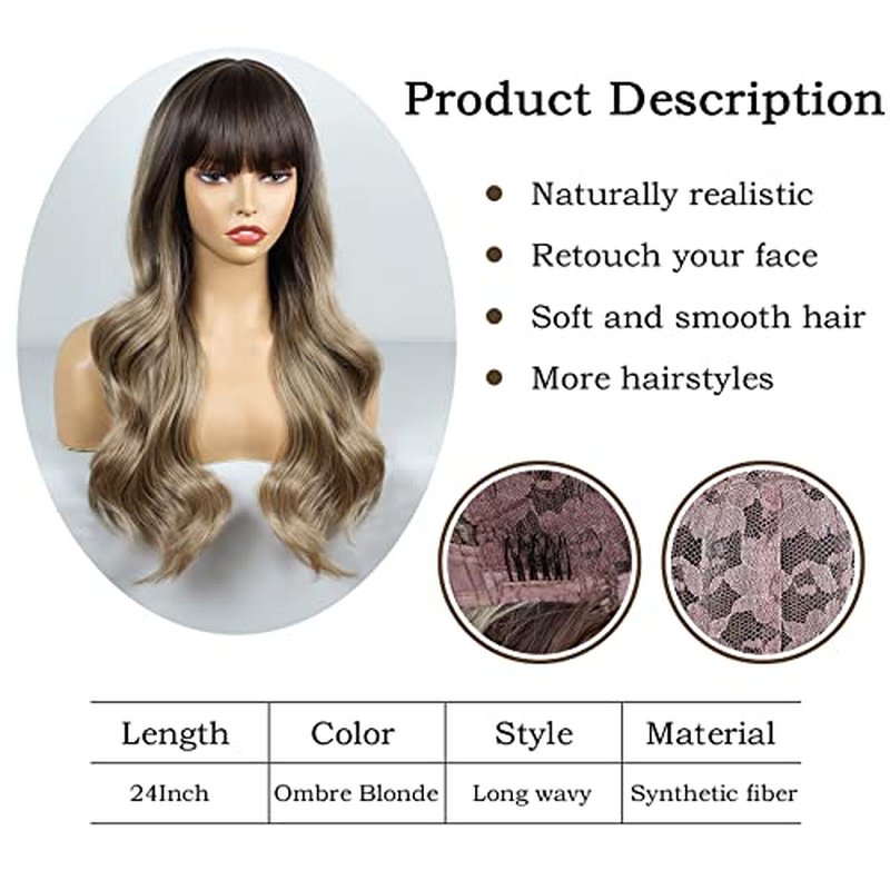 BOGSEA Light Brown Wigs with Bangs Long Blonde Wig for Women Long Wavy Light Ash Brown Mix Blonde Wigs Synthetic Heat Resistant Fiber Wigs for Daily Party 26 Inch