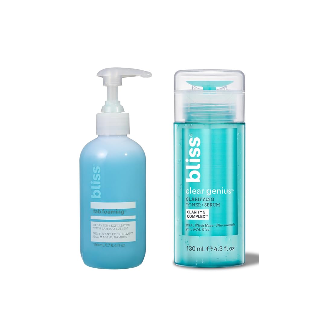 Bliss Fab Foaming Cleanser & Clear Genius Toner + Serum | Pore Purifying Duo for Clear Skin | 2 Step Skincare Routine | Clean, Vegan, Cruelty-Free
