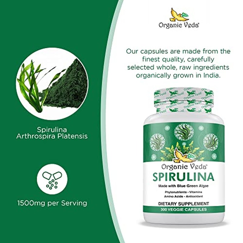Organic Veda Spirulina Capsules, 1500mg - Green Superfood Dietary Supplement - Organic Blue-Green Algae Packed with Nutrients, Vitamins, Amino Acid, & Antioxidant - Vegan, Gluten-Free - 300 Count