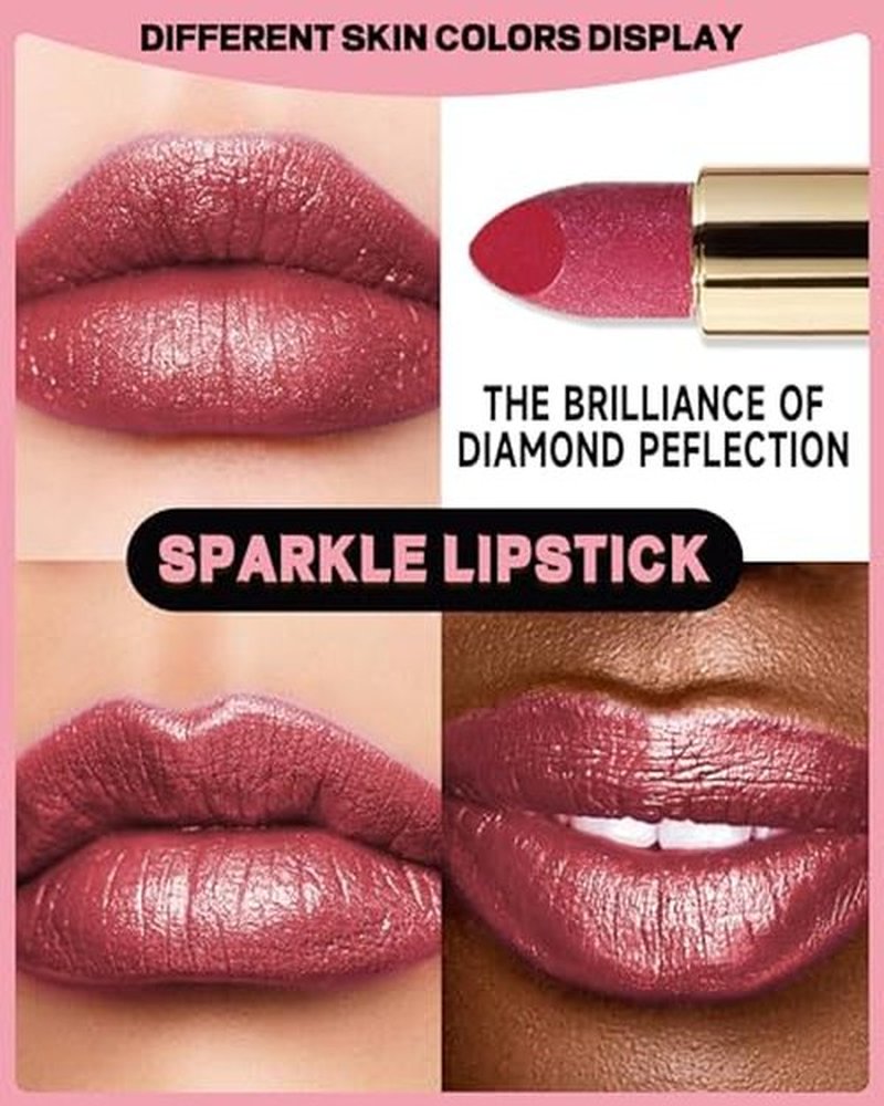 Glitter Metallic Rose Nude Shimmer Lipstick Long Lasting, High Shine Glitter Diamond Creamy Red Lipstick Transfer Proof Non-Stick Lip Gloss Shimmer High Impact Full Coverage Lip Makeup for Women-05