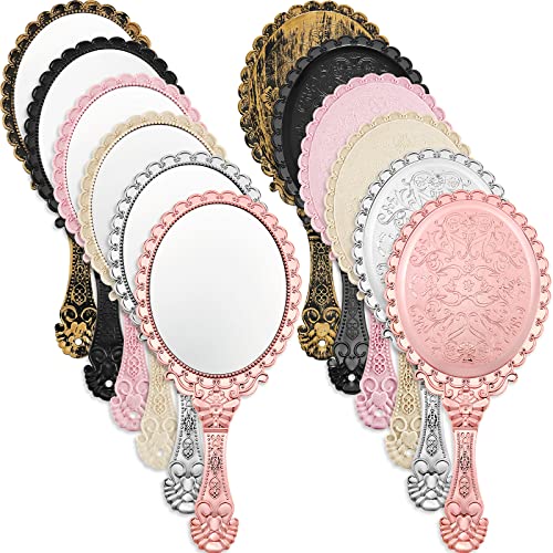 Qunclay 12 Pcs Vintage Handheld Mirror, 9.8" L x 4.5" W Small Colorful Embossed Mirror Portable Cute Princess Mirrors Compact Travel Mirror Makeup Mirror for Classroom Kids Princess Party Favors