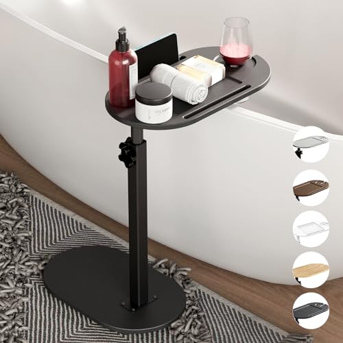 Yumkfoi Bamboo Bathtub Tray Table with Adjustable Height, Freestanding Bathtub Caddy for Tub Against Wall, Tub Organizer Suitable for Luxury Spa and House Warming - Patent Protected (Black)