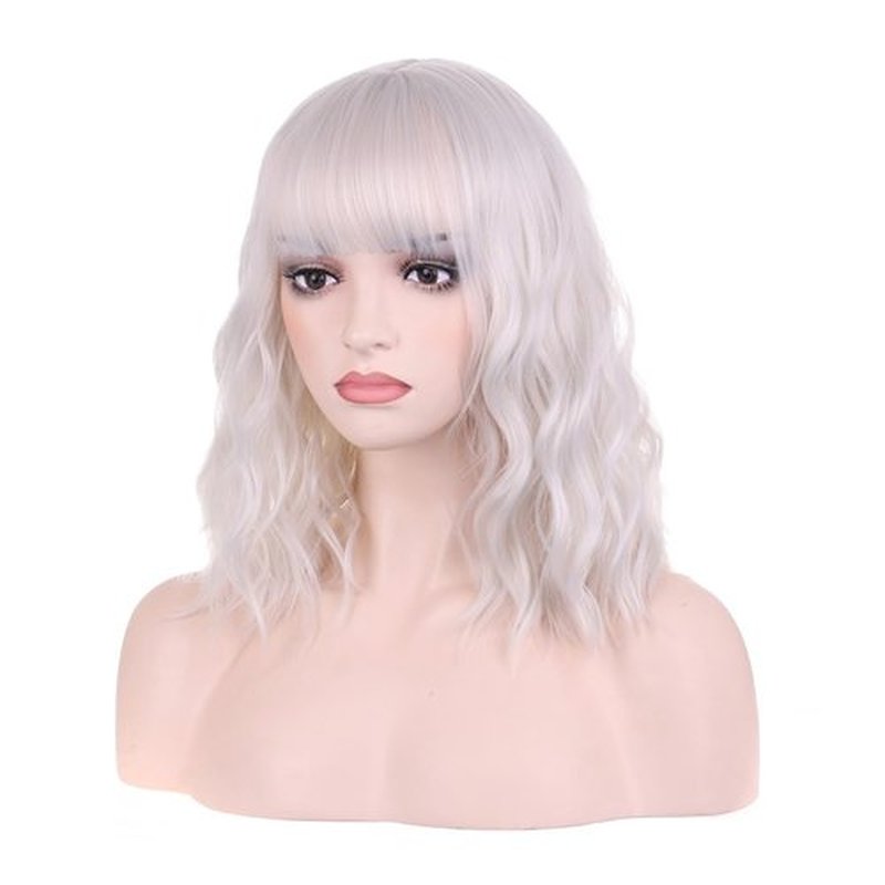 DUDUWIG Short Curly Silver White Wig with Bangs Synthetic Cosplay Hair Wig