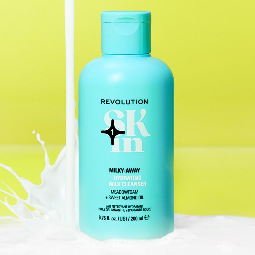 Revolution Skin, Milky-Away Meadowfoam & Sweet Almond Oil Hydrating Milk Cleanser, Face Wash for Makeup Removal, For All Skin Types, Vegan & Cruelty-Free, 6.76 fl oz