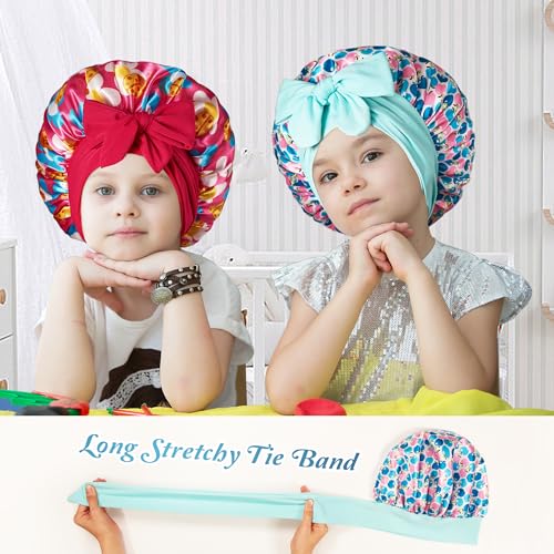 choshion 2 PCS Kids Bonnets for Girls, Silk Bonnet for Kids, Bonnet for Kids, Satin Bonnet for Sleeping, Baby Toddler Tie Bonnet Sleep Cap Bonnet for Curly Hair Braids