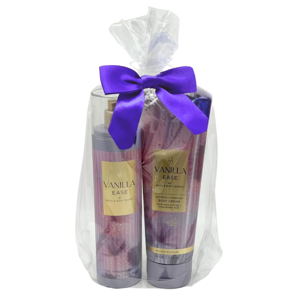 Bath & Body Works VANILLA EASE Fine Fragrance Mist & Ultimate Hydration Body Cream 2-piece Gift Set with a Purple Bow for Gifts & Holidays – Full Size