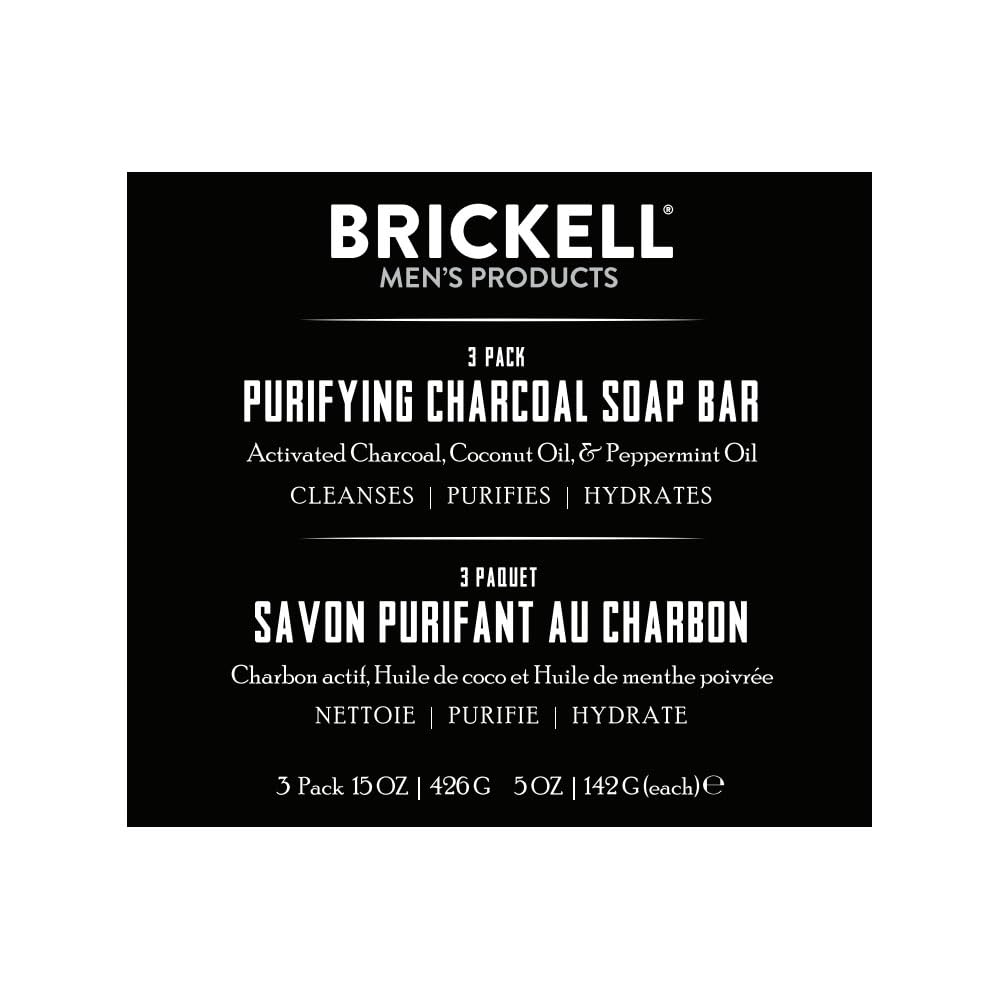 Brickell Men's Purifying Charcoal Soap Bar for Men, Exfoliating Bar Soap Handmade with Activated Charcoal, Coconut Oil, and Tea Tree Oil, Peppermint Scented, 5 Ounce Bar (3 Pack)