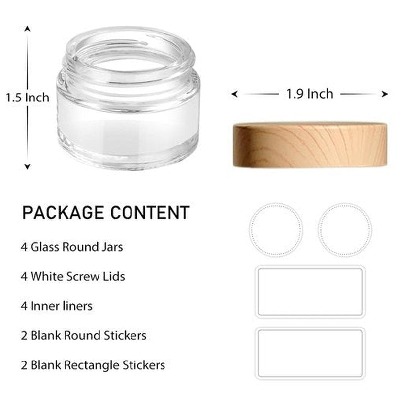 1 oz Small Glass Containers, Glass Jars with Plastic Woodgrain Lids & Inner Liners, Reusable Travel Containers for Creams, Makeup, Lotion, Cosmetic - 4 pack