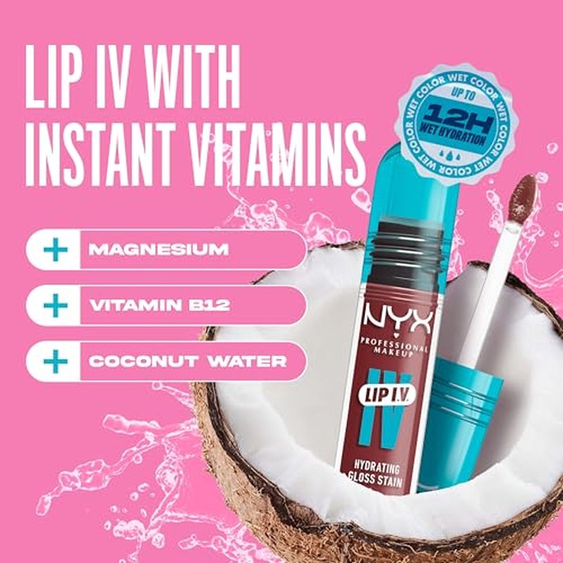NYX PROFESSIONAL MAKEUP Lip IV Hydrating Gloss Serum, Lip Stain with 12HR Hydration - Water Bout Wine (Red Lip Gloss)