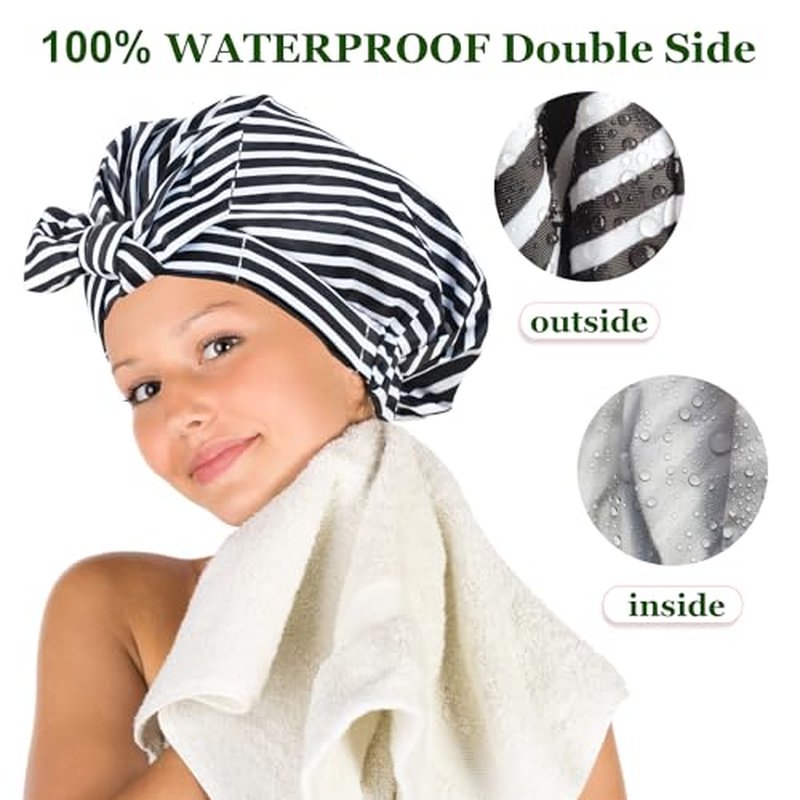 Luvruitaky Shower Cap Luxury Shower Caps for Women Reusable Waterproof Hair Cap for Shower with Adjustable Bowknot Hair Bath Cap (Black Stripe)