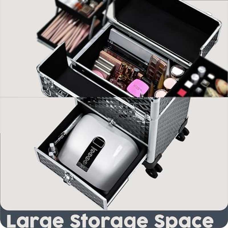 Hododou Rolling Makeup Case Cosmetic Travel Trolley Storage Sliding Drawer 4 Tray Makeup Travel Case with Wheels Salon Barber Case Traveling Cart Trunk for Cosmetologist Nail Tech Hairstylist Black