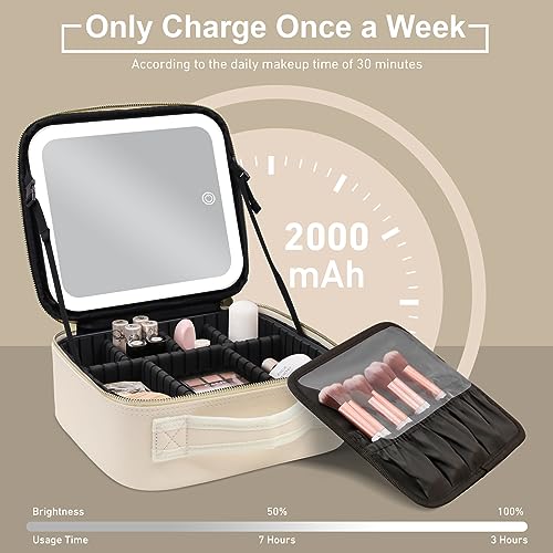 RRtide Travel Makeup Bag with Mirror of LED Lighted, Makeup Train Case with Adjustable Dividers, Makeup Case with Mirror and Detachable 10x Magnifying Mirror