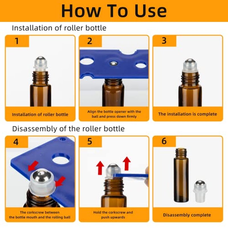 GIVITASOT 10ML Essential Oil Roller Bottles, 6 Pack Amber Oil Roller Bottles for Essential Oils, Roll on Bottles with Stainless Steel Balls(6 Labels, Opener, Funnel, Dropper Included)