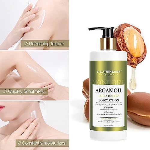 Neutriherbs Body Lotion for Women and Men, Argan Oil + Shea Butter Body Cream, Deep Moisture and Soothin Skin, Plump Bottle - 13.52 Fl Oz