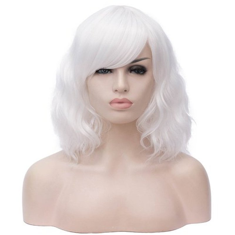 BERON 14 Inches White Wig Women’s White Curly Wig with Bangs for Women Halloween Cosplay Wig for Daily Use Synthetic Wigs (White)